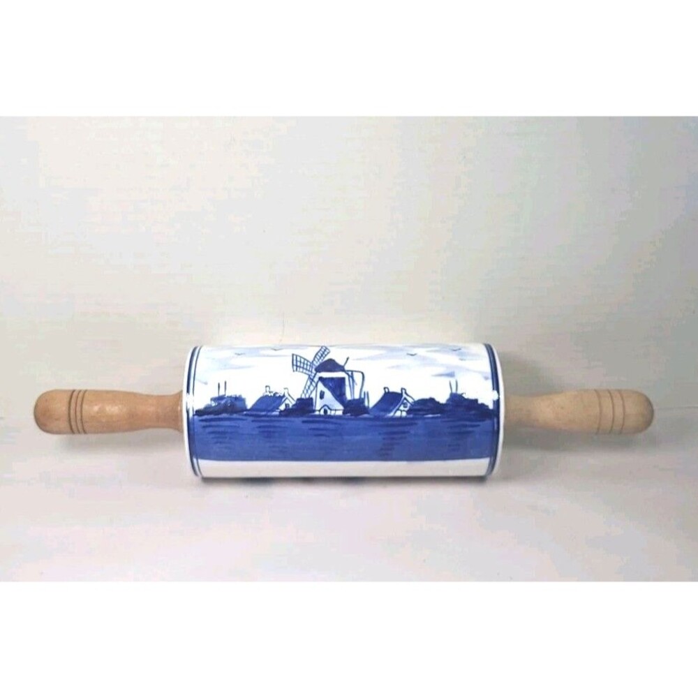 RARE Vintage Delft Blue  Porcelain Rolling Pin Wood Handles